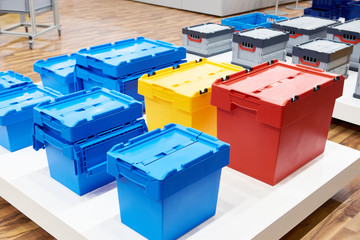 Color plastic boxes in hardware store