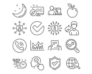 Set of Networking, Online education and Receive file icons. Analytics, Investment and Quick tips signs. International Ð¡opyright, Select user and Verify symbols. Vector