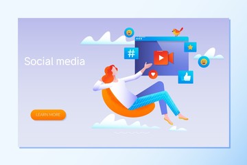 Social media strategy, social network business marketing vector illustration with character