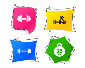 Dumbbells sign icons. Fitness sport symbols. Gym workout equipment. Geometric colorful tags. Banners with flat icons. Trendy design. Vector