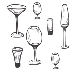 Set of drawn sketches, glass goblets isolated on white background