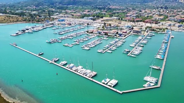 Aerial drone bird's eye view video from popular and picturesque main town of Lefkada island, Ionian, Greece