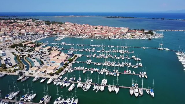 Aerial drone bird's eye view video from popular and picturesque main town of Lefkada island, Ionian, Greece