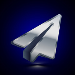 3D stylized Paper Plane icon. Silver vector icon. Isolated symbol illustration on dark background.
