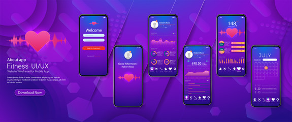 	 Different UI, UX, GUI screens fitness app and flat web icons for mobile apps, responsive website including. Web design and mobile template. Fitness Dashboard vector