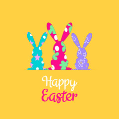 happy easter greeting card with colorful rabbit silhouettes