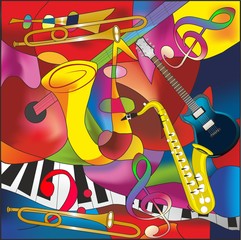 colorful composition with guitars, trumpets and notes