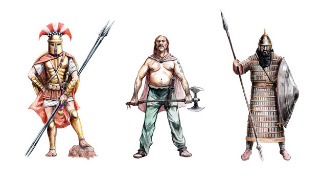 Ancient warriors. Greek Hoplite, Assyrian and Frankish warrior. Historical illustration.