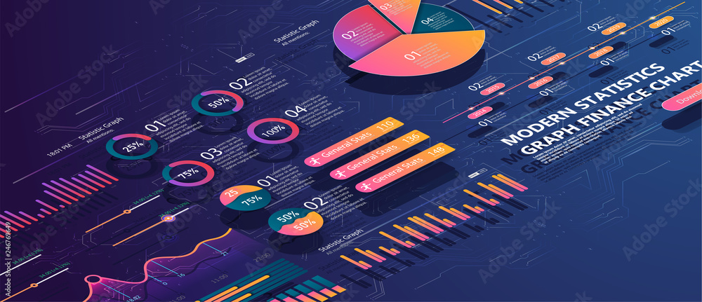 Poster set of colorful infographic vector elements: presentation graphics, statistics of data and diagrams.