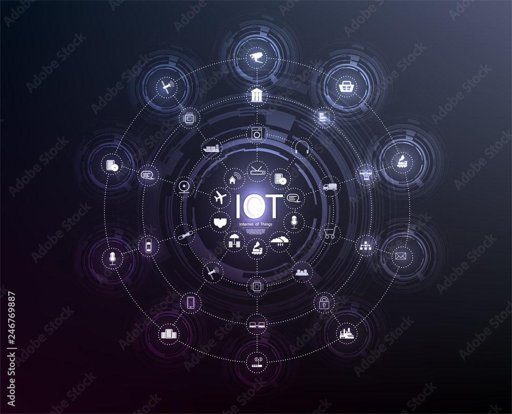 Poster internet of things (iot) and networking concept for connected devices. spider web of network connect