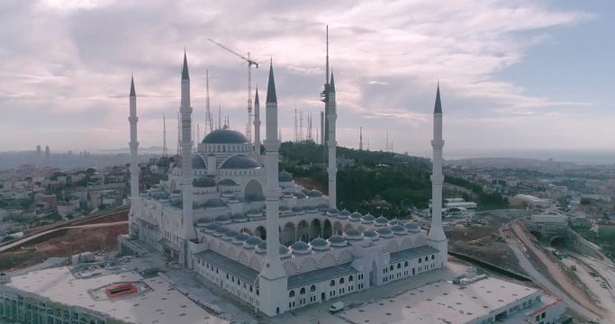 Istanbul Camlica Mosque Construction and Princes Islands Aerial View