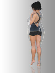 Conceptual fat overweight obese female vs slim fit healthy body after weight loss or diet with muscles thin young woman on gray. A fitness, nutrition or fatness obesity, health shape 3D illustration