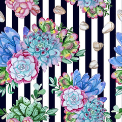 Watercolor handpainted seamless pattern of succulent plant