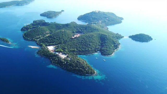 Aerial drone bird's eye view video of iconic island of Skorpios, Lefkada island, Ionian, Greece