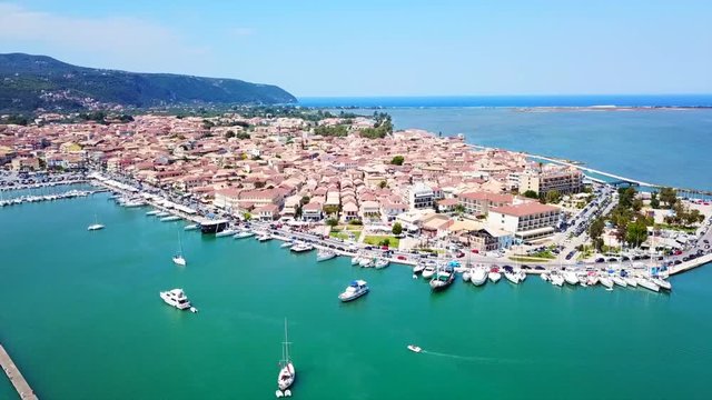 Aerial drone bird's eye view video from popular and picturesque main town of Lefkada island, Ionian, Greece