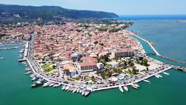 Aerial drone bird's eye view video from popular and picturesque main town of Lefkada island, Ionian, Greece