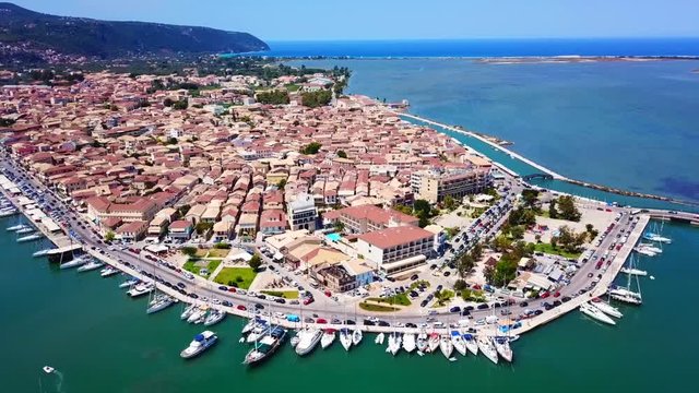 Aerial drone bird's eye view video from popular and picturesque main town of Lefkada island, Ionian, Greece