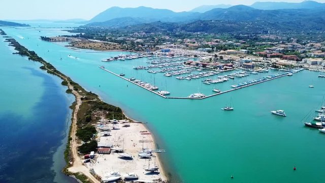 Aerial drone bird's eye view video from popular and picturesque main town of Lefkada island, Ionian, Greece