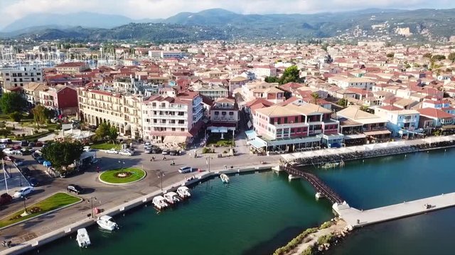 Aerial drone bird's eye view video from popular and picturesque main town of Lefkada island, Ionian, Greece