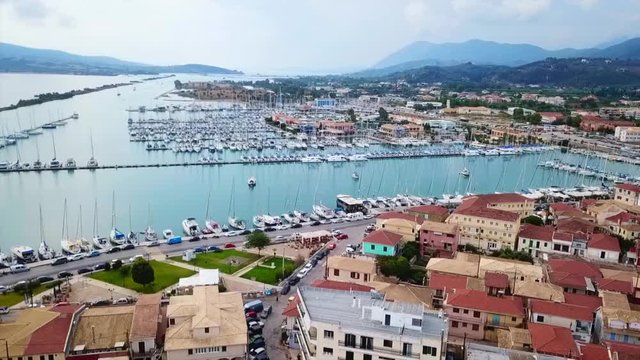 Aerial drone bird's eye view video from popular and picturesque main town of Lefkada island, Ionian, Greece