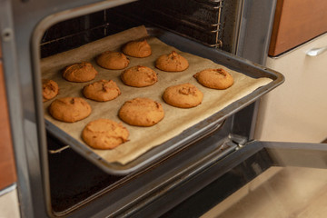 Woman lays out dough for cookies on baking tray in the kitchen, close-up