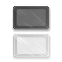 Vector empty white and black plastic tray container for food packaging