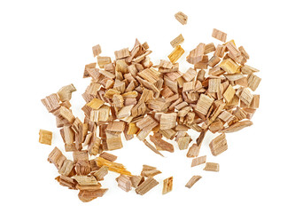 Pile of wood smoking chips isolated on white background, top view.