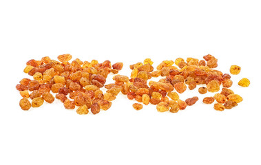 Heap of yellow raisins isolated on white background, full depth of field.