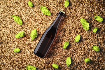 Brown beer mockup with diagonal placement glass bottlle with  translucent label