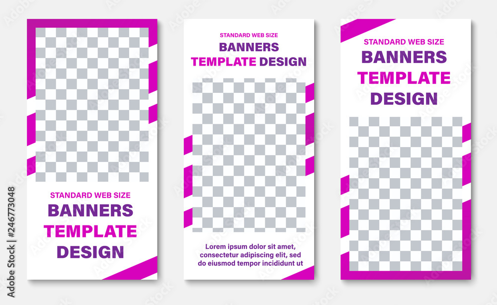 Poster template of white vertical web banners with rectangle for photos and purple diagonal lines.
