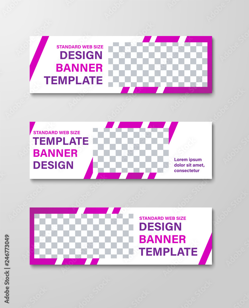 Poster Design of horizontal white web banners with diagonal purple lines and a rectangle for a photo.