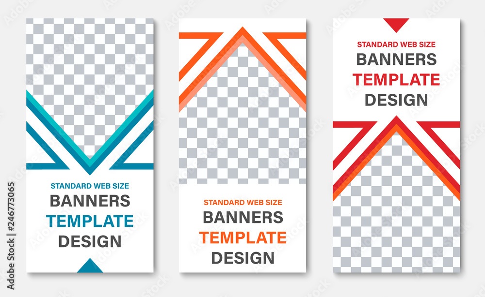 Poster Set of vector vertical white web banners with place for photo and color triangles.
