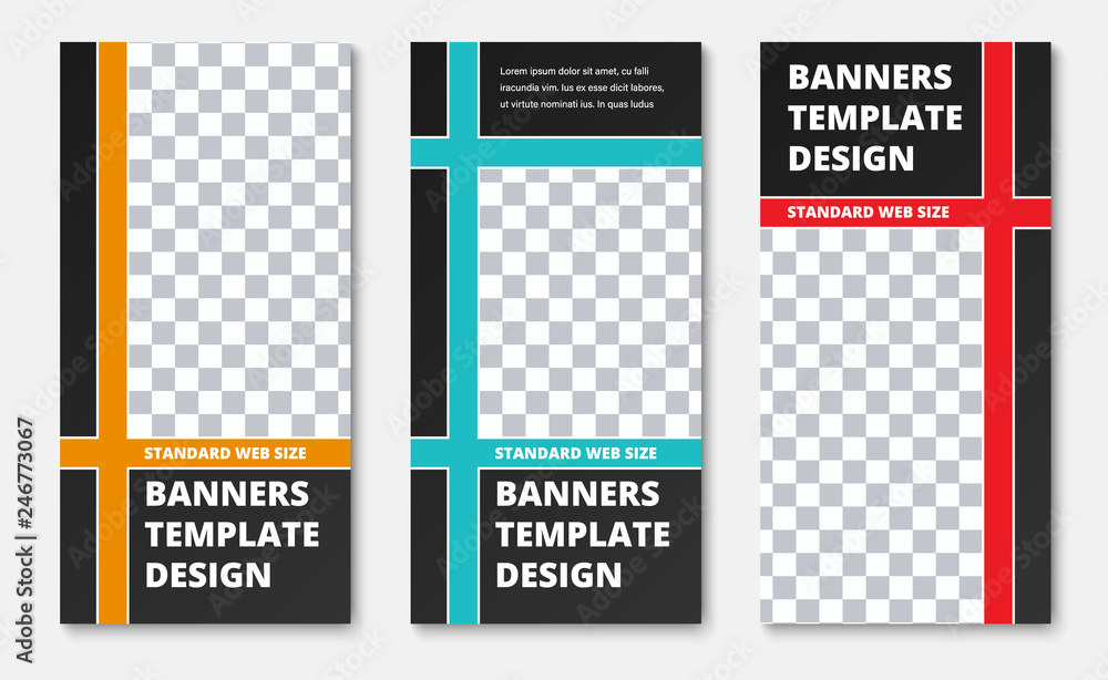 Poster Set of vector vertical black web banners with the division into blocks for photos, text and headers.