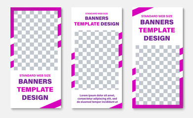 Template of white vertical web banners with rectangle for photos and purple diagonal lines.