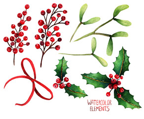 Watercolor illustration. Different elements for Christmas design,Red ribbon,mistletoe,red berries