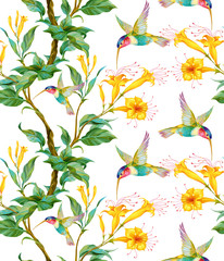 Branch with yellow flowers and flying hummingbird. Seamless background pattern. Version 1