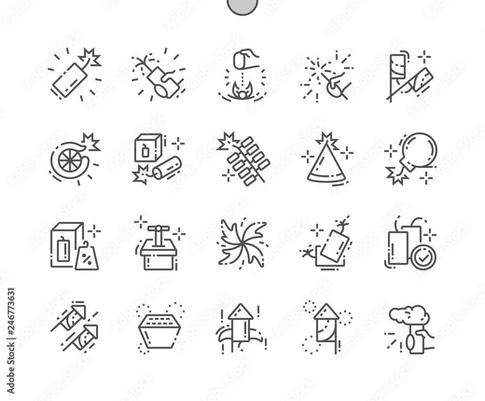 Poster pyrotechnics well-crafted pixel perfect vector thin line icons 30 2x grid for web graphics and apps.