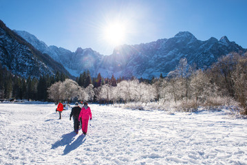 beautiful winter Alpine landscape with tourists