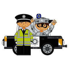 Cute Cartoon Policeman and Police Car with Classic Style Robber