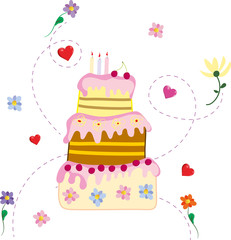 tortDrawing birthday cake with pink icing on a white background