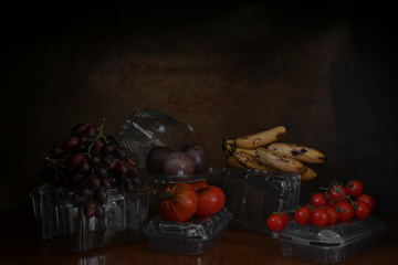fruit and vegetables and their plastic packaging traditional artistic still life	