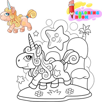 little cartoon cute pony unicorn, coloring book, funny illustration