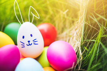 Fototapeta na wymiar Colorful Easter eggs on green grass field 