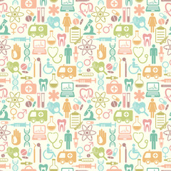 Vector seamless medicine and health design pattern with modern flat icons. Medical background with flat style symbols.