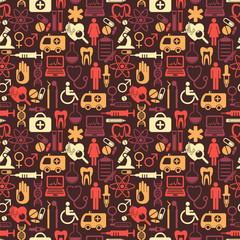 Vector seamless medicine and health design pattern with modern flat icons. Medical background with flat style symbols.