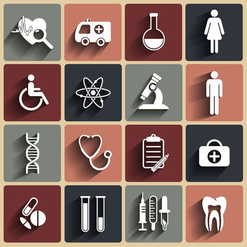Vector medicine and health design modern flat icons. Medical  flat style symbols.