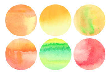 Set of round watercolor backgrounds in warm colors