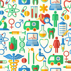 Fototapeta na wymiar Vector seamless medicine and health design pattern with modern flat icons. Medical background with flat style symbols.
