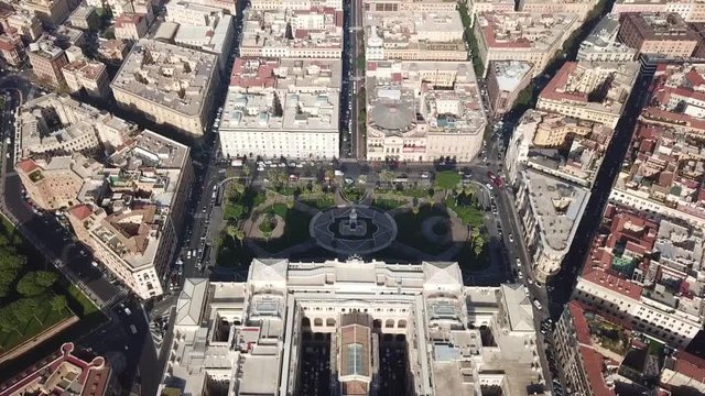 Aerial drone bird's eye view video of famous Cavour square and iconic neoclassic building of Supreme Court of Cassation (Italian: Corte Suprema di Cassazione), Rome, Italy