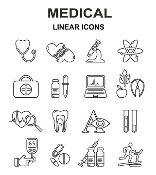 Vector medicine and health modern linear icons. Medical line style symbols.
